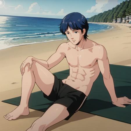 masterpiece,high quality,solo,
<lora:yangwen-li001:0.7>,
yangwen-li,1man,
short hair,blue hair,black eyes,
shirtless,shorts,ocean,beach,sunshine,