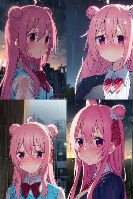 <lora:satouMatsuzakaHappy_v2face:1> Satou, blushing, distant view, portrait, raining, outside, wet clothes, emotionless, expressionless, dreary atmosphere, sad atmosphere