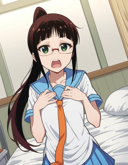 ruri miyamoto, long hair, bangs, black hair, green eyes, ponytail, glasses, blunt bangs, skirt, shirt, thighhighs, school uniform, collarbone, white shirt, pleated skirt, necktie, serafuku, sailor collar, blue skirt, blue sailor collar, orange necktie,