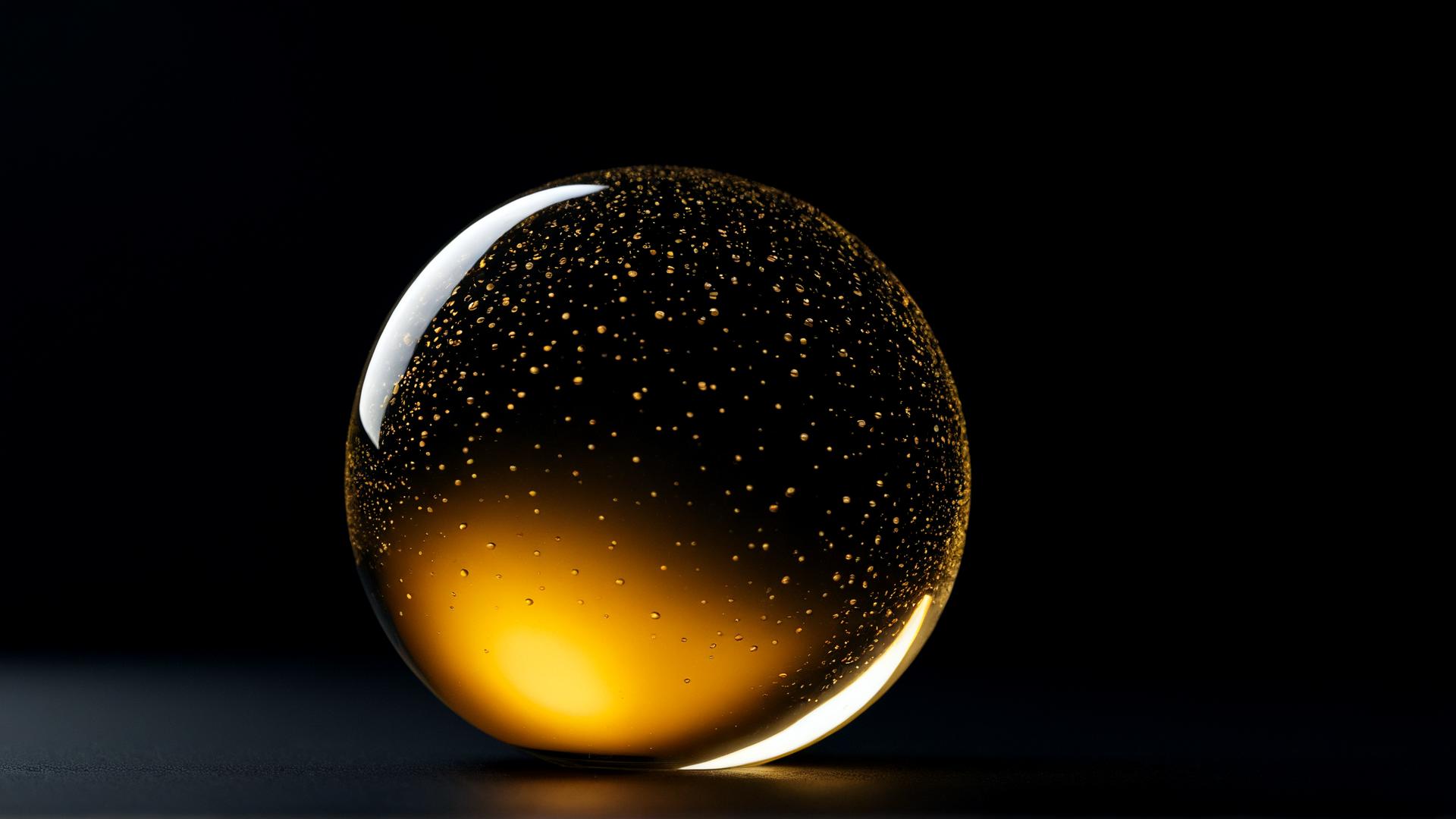 A floating sphere of liquid energy, glowing softly with a warm yellow and orange light. The sphere slowly pulsates, with tiny droplets of energy floating around it in a dark, void-like background., Photorealistic, Hyperrealistic, Hyperdetailed, analog style, soft lighting, subsurface scattering, realistic, heavy shadow, masterpiece, best quality, ultra realistic, 8k, golden ratio, Intricate, High Detail, film photography, soft focus