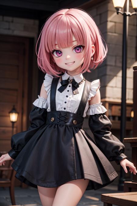 (masterpiece), best quality, high resolution, highly detailed, detailed background, perfect lighting, outdoor, 1girl, petite, short hair, pink hair, blunt bangs, evil grin, doll joints,