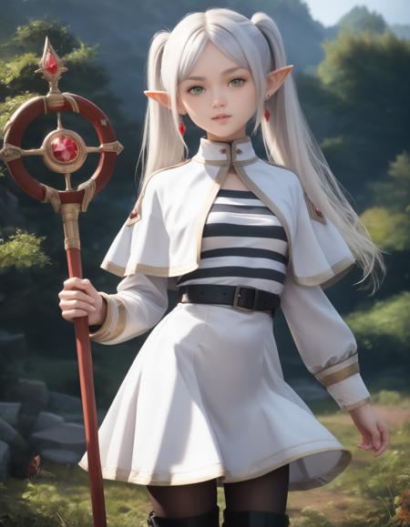 frieren,green eyes,dangle earrings,drop earrings,elf,grey hair,long hair,parted bangs,pointy ears,twintails,white hair, black belt,(black pantyhose),white capelet,white dress,jewelry,long sleeves,red gemstone,white skirt,(striped shirt:1.1), boots, holding staff,mage staff