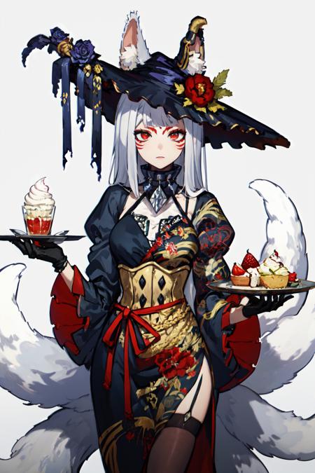 masterpiece, (detailed, highres, best quality), <lora:spninaKosaka-10:1> kosaka2st, facial mark, red eyeshadow, forehead mark, makeup, fox ears, animal ear fluff, fox tail, multiple tails, red flower, black dress, black gloves, black thighhighs, juliet sleeves, witch hat, expressionless, solo, standing, veil, cream, food, fruit, ice cream, simple background, spoon, strawberry, tray