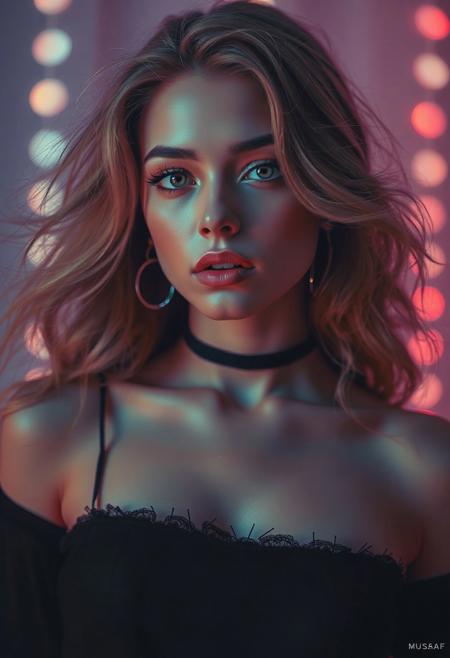 high quality design aesthetics, disco, synth pop, dynamic, detailed, pop album cover, melancholic, beautiful young white woman, artist name "MUSAIC", album title "BFF"