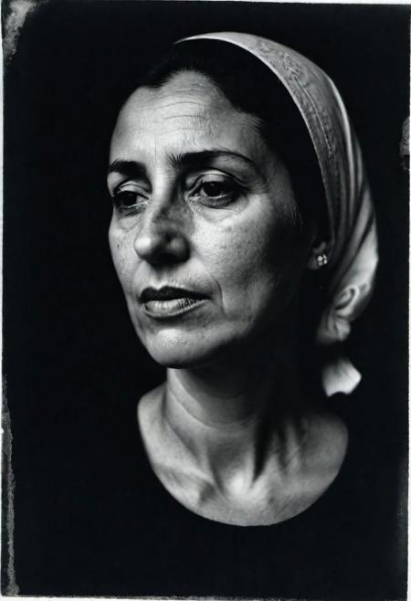 A Spanish 40-year-old woman, with a very pronounced  nose, face in shadow, half body shot from the side, dark mood, Kodak Portra 160 analog film, Polaroid 6x7 medium format camera, artsy, damaged print, monochrome, faded, blurry, pixelated, vignette, low contrast, Joel Witkin style