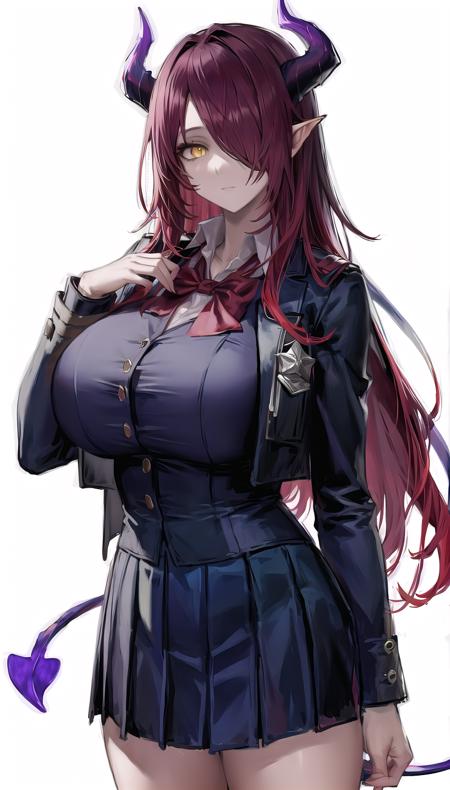 ascalon-hairstyle,horns,red hair,yellow eyes,hair over one eye,
(school uniform:1.28),demon tail,
lady,mature female,
cowboy shot, 
(white background, simple background:1.08),
highres,official art,original,masterpiece,best quality,
(huge breasts),
 <lora:ascalon4 2head:0.7>