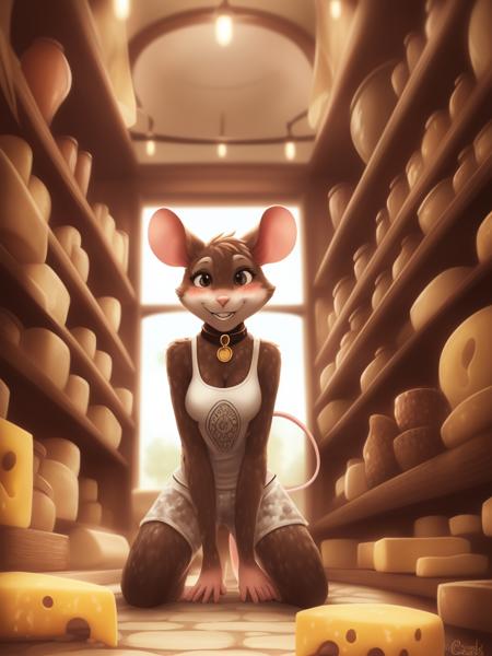 solo, female, wearing tank top and gym shorts, anthro, (detailed fur covered body:1.3) , detailed eyes, (fur, detailed fur, detailed background, smile, fully in view, front view, solo, kneeling, blushing, tail, collar, teeth, in cheese monger shop, very low angle view, mouse, surrounded by cheese, sneaking, white mouse, short,
((Intricate)), ((Astounding)), ((Spectacular)), ((Magnificent)), ((Unparalleled)), ((Enchanting)), Artwork, Visual representation, Conceptual art, Curved light, Crescent light, Loop highlight, Wide depth of field, Narrow aperture, Range depth of field,