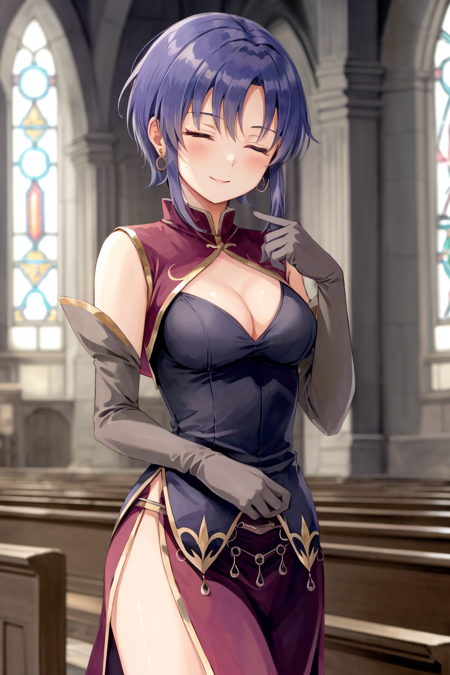 <lora:Ursula_FE-10:0.75> ursula fe, 1girl, solo, looking at viewer, smile, short hair, gloves, dress, cleavage, bare shoulders, jewelry, medium breasts, earrings, elbow gloves, side slit, praying, close eyes, (in the church)