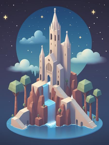 video game monument valley style, Sagrada Familia, stairs, water, cloud, trees, waterfall, gradient background, Night, starry sky, <lora:Monument Valley style:0.7>