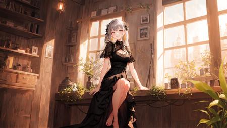 masterpiece,best quality,official art,extremely detailed CG unity 8k wallpaper,illustration,Indoor, bright, 1Girl, gray hair, amber eyes, smile, black dress, barefoot, sitting posture,