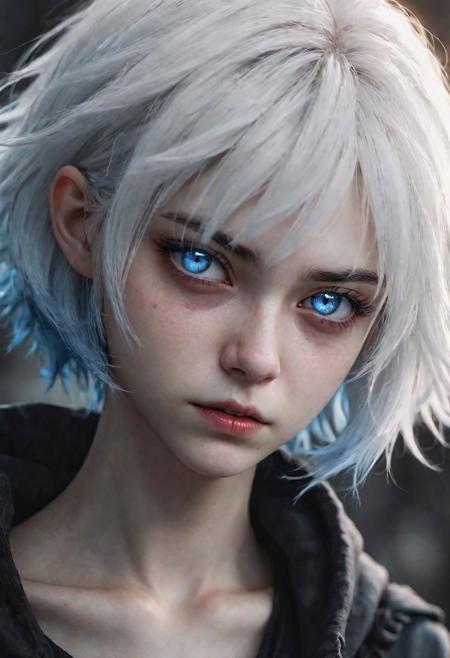 (masterpiece), 
1girl,
evil, demonic, 
dark ambiant,
white hair, blue eyes, floating hair, short hair,
upper body shot, 
HDR, highly detailed, 32k, 
(cry) mood, 
perfect face feature,