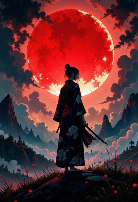 vibrant, highly detailed, award-winning, professional, a mysterious person standing on a hill with a sword in their hand. The person is wearing a traditional Japanese kimono and is facing towards the right side of the image. The background is a dark and foggy landscape with mountains and a ship in the distance. The sky is filled with clouds and the sun is shining brightly in the top right corner. In the center of the background, there is a large red circle that appears to be made up of splashes of red paint.