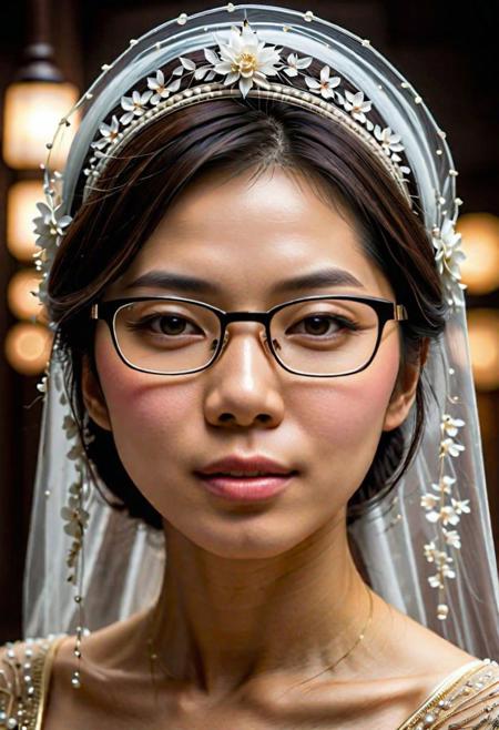 masterpiece, best quality,   RAW photo, (photorealistic:1.37, realistic), highly detailed CG unified 8K wallpapers, 8k uhd, dslr, high quality, Fujifilm XT3, (profesional lighting:1.6), ciheni, Japanese 35 year old woman, beautiful face with glasses, pale skin, detailed face, weird future fashion, headdress, plastic, veil, mask,