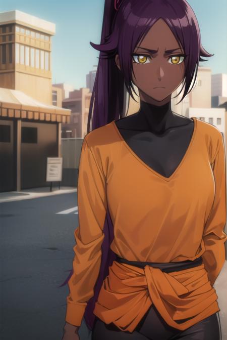 yoruichishihouin, <lyco:yoruichishihouin-lyco-nochekaiser:1>,
yoruichi shihouin, long hair, (yellow eyes:1.5), ponytail, purple hair, dark skin, (dark-skinned female:1.5),
BREAK bodysuit, black bodysuit, bodysuit under clothes, (orange shirt:1.5), long sleeves,
BREAK outdoors,
BREAK looking at viewer, (cowboy shot:1.5),
BREAK <lyco:GoodHands-beta2:1>, (masterpiece:1.2), best quality, high resolution, unity 8k wallpaper, (illustration:0.8), (beautiful detailed eyes:1.6), extremely detailed face, perfect lighting, extremely detailed CG, (perfect hands, perfect anatomy),