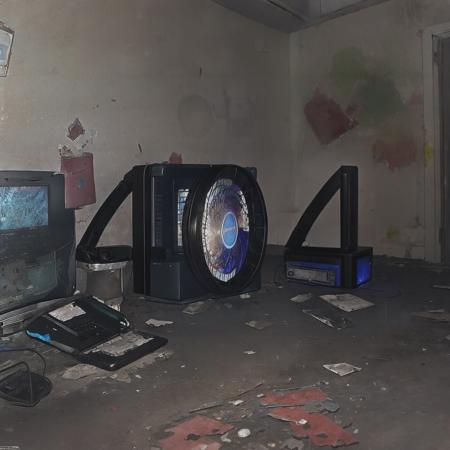 cursed, abandoned computers, fan, open space, dirty, photorealistic, <lora:cursed images:0.7>