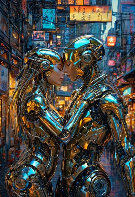 A captivating, full-body colored oil painting portrays a lustrous, metallic robotic android robot and a girl locked in an embrace, reminiscent of the distinctive style of Hajime Sorayama. The vivid colors and smooth texture of the painting highlight the futuristic, alluring scene as the android and the girl share a passionate kiss.