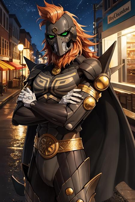 dagdasmt, armor, orange hair, facial hair, mask, cape, colored sclera