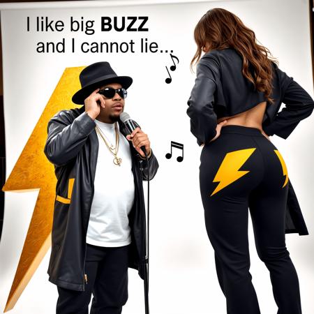 photoshoot stage, white background, rapper Sir Mix-A-Lot wearing wrap around sunglasses and a black hat, standing next to a large golden thunderbolt, holding a microphone. wearing a white t-shirt and long leather coat. female rap dancer viewed from behind. ((she is wearing black pants that have the golden thunderbolt logo on each butt cheek)). she is wearing a loose shirt. Sir Mix-A-Lot is bent over and looking at her butt.

speech bubble: "I like big BUZZ and I cannot lie...", musical notes in the air