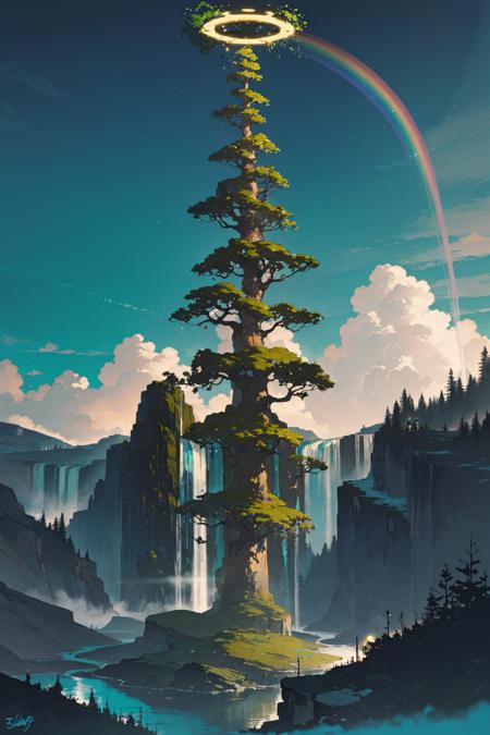 halo, wings, solo, no humans, robot, mecha, standing, science fiction, glowing ,waterfall, rainbow, scenery, sky, outdoors, cloud, day, water, blue sky, cliff, moss, tree, floating island, plant, mountain, fantasy 
///////////   <lora:chongzhen-000202:1>