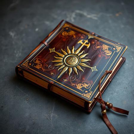 Brown medieval book with gold, grey background, cover, sun emblem, laying on a table, leather strap bind