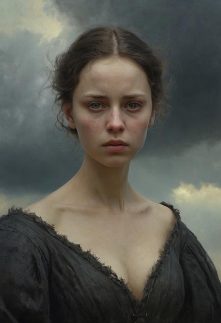 a masterpiece painted in the style of Anders Zorn | Marco Mazzoni | Yuri Ivanovich, oil on canvas, oil painting, painted style, volumetric lighting, realistic, historical setting,
1 woman, witch, dark ages, black clothes, rough spun clothes, serious face, slim, slender, skinny, dark storm clouds in the background, young woman, black hair, green eyes, skin detail, rough skin,