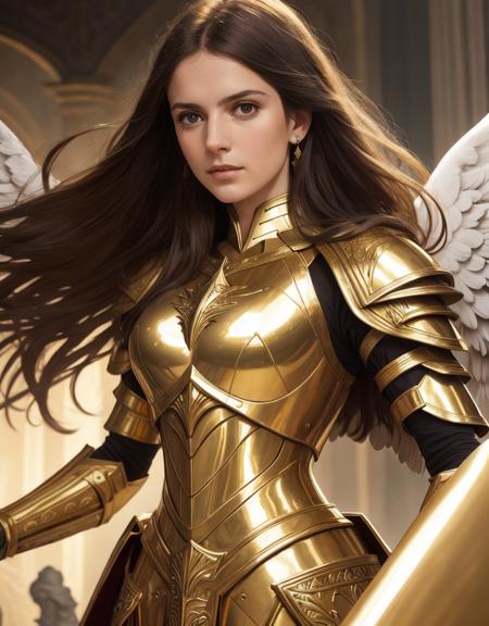 angel warrior in armor gold in ornaments, realistic, photo, elegant, Kodak, portra 400, 8k, soft light, volumetric lighting, highly detailed, style 3/4, portrait photo close-up portrait photography of a beautiful woman, by Alan Lee, Aleksi Briclot, Daniel Gerhartz, Alex Horley-Orlandelli, Alex Ross