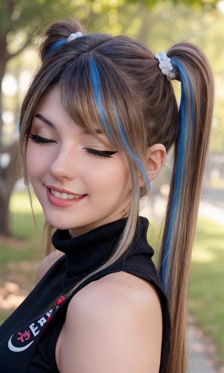 meggii2023, 1 girl, brown hair, blue streaked hair, uhd, best quality, masterpiece, turtleneck, smile, walking, pigtails, 5 fingers, closeup, one eye closed,