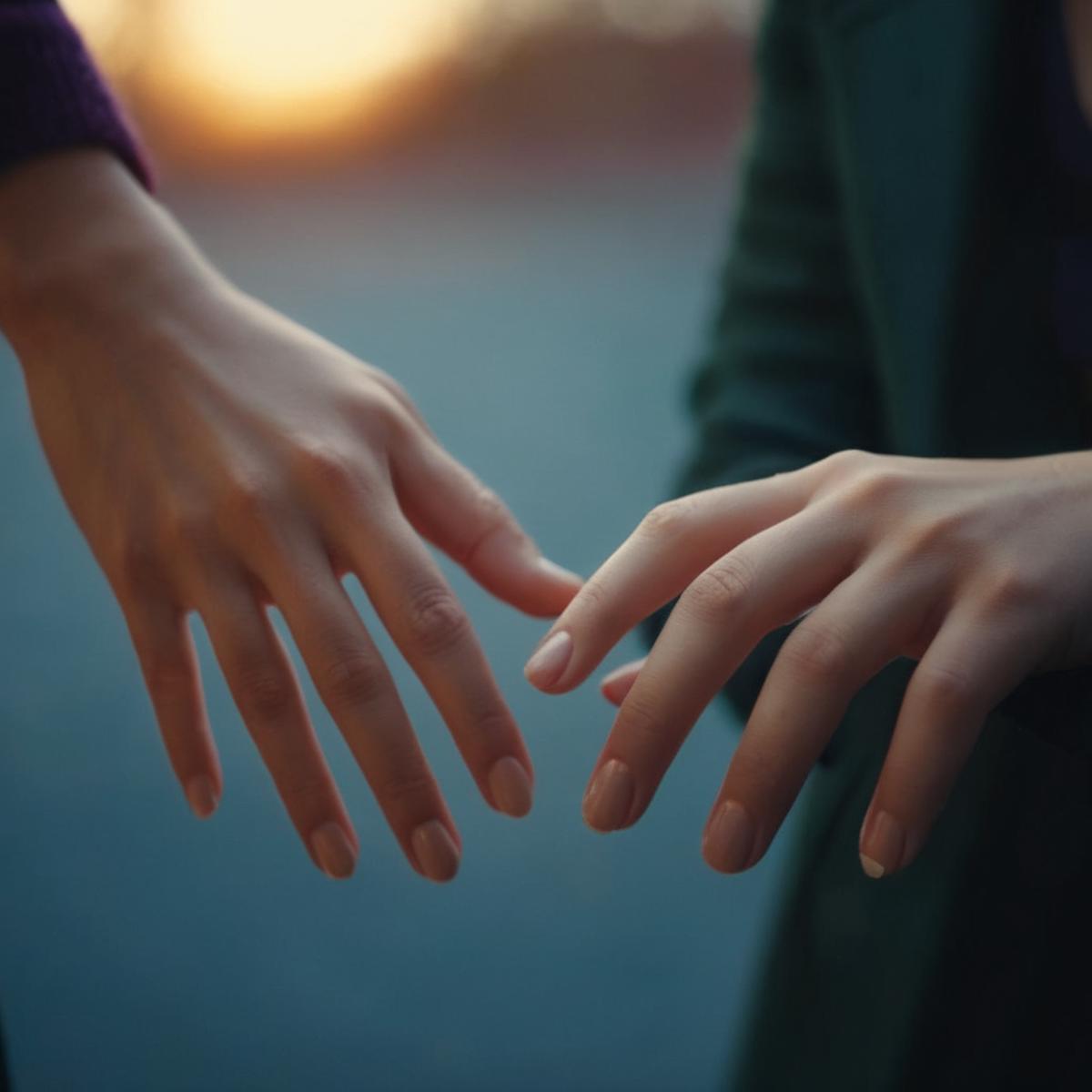 Two hands holding hands in front of a sunset.
