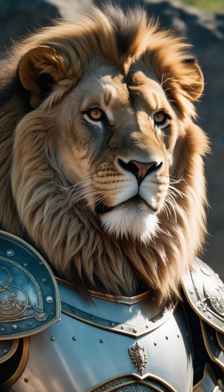 a lion in armor poses for a picture, cinematic close shot