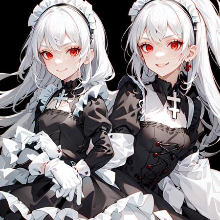 best quality, ultra detailed, 1girl, solo, standing, white hair, twin braids, red eyes,((black background)),maid headdress,maid apron, bangs, cross necklace,medium breastsr,white gloves,  stare, smile, (evil:1.2), looking at viewer, (interview:1.3),  <lora:maid_v10:0.7>