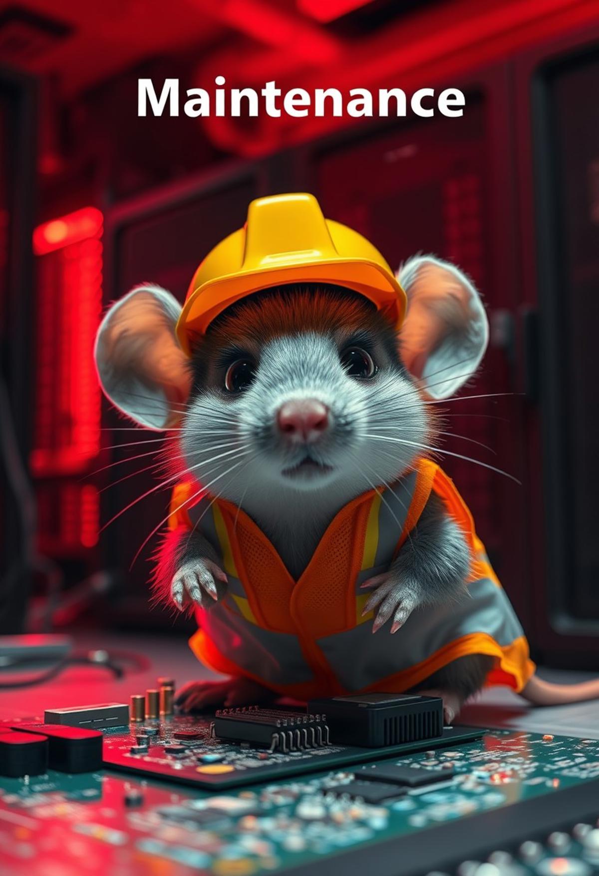 A small mouse with a hard hat and high visibility vest is repairing a circuit board, the mouse has a serious look in his eyes, background shows a server room with a red emergency lighting only, red ambiant lighting, emergency lighting,
(Text sign top of image saying "Maintenance":1.5),