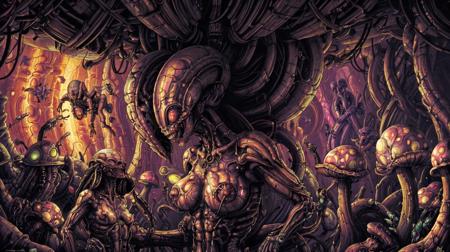 people, crowd photo, <lora:Gigerotic_Anime:0.75> closeup  macro portrait, alien woman in busy (psychedelic mushroom) city, [disco cave], [biomechanical]