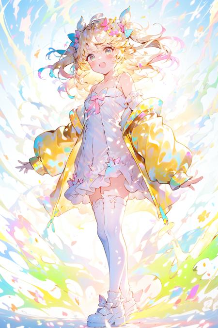 <lora:rainbow:0.8>, 1girl, solo, yellow jacket, blue eyes, blonde hair, dress, jacket, white background, full body, simple background, white footwear, shoes, white dress, standing, multicolored hair, socks, bow, open mouth, open clothes, looking at viewer, long hair, long sleeves, open jacket, bangs, thigh strap, collarbone, hair bow, hair ornament, one side up, off shoulder, blush, puffy long sleeves, bare shoulders, puffy sleeves, aqua hair, sleeves past wrists, two-tone hair, :o, white bow