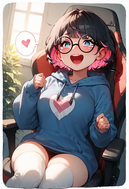 score_9, score_8_up, score_7_up, Expressiveh, 1girl, solo, cute face, cute features, shortstack, thin pink lips, long black eyelashes, ((short hair, black hair, pink highlights, bangs)), big round glasses, black framed glasses, blue eyes, (heart logo on hoodie), large breasts, oversized blue hoodie, oversized sleeves, thigh high socks, big smile, (((thick white character outline))), hearts, from below, bedroom, sitting on gaming chair, extreme close-up, up close, face focus, open mouth,solo,tears,crying,blush,crying with eyes open