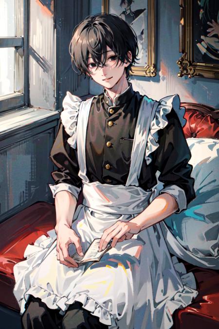 (masterpiece, best quality), illustration,  <lora:chainsawman_yoshidahirofumiv1-000035:1>, yoshida hirofumi, 1boy, ((maid)), smile, black skirt