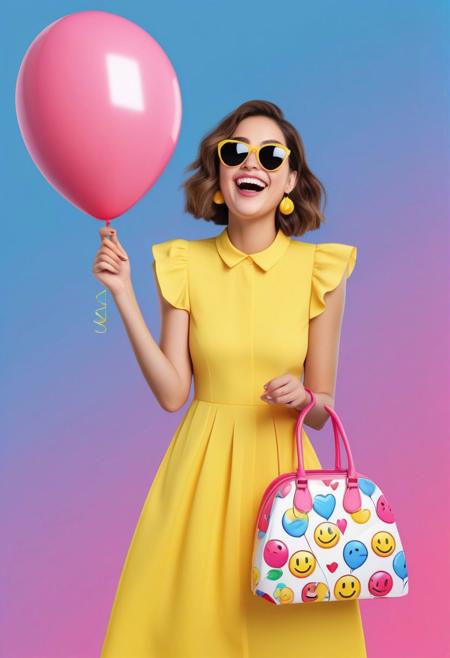 fcNeg, Design a playful and colorful digital illustration featuring a fashionable and confident woman wearing a vibrant yellow dress and carrying a pink bag and a smiley face balloon. The woman should have a round and jiggly belly, adding a touch of charm and playfulness to her appearance.
The illustration should focus on the woman's expressive face and bubbly personality, showcasing a range of emoji expressions such as smiles, winks, and tongue-out grins. Incorporate additional emojis like heart-eyes, sunglasses, and fashionable accessories to convey the woman's stylish and upbeat nature.
The overall design should evoke a sense of fun and joy, celebrating the light-hearted and carefree spirit of the Emoji Queen. The illustration should invite viewers to embrace their own sense of playfulness and express themselves freely through the use of emojis and vibrant fashion.