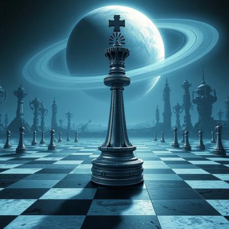 This steampunk digital artwork features a surreal and futuristic chess scene. The central focus is a colossal king chess piece, intricately designed with a metallic and mechanical texture, standing prominently on a vast black and white chequered plain. Other chess pieces are scattered across the landscape, appearing smaller in comparison to the central king. In the background, tall fantastic mechanical structures, dot the horizon. A giant ringed planet casts its light giving a colour scheme dominated by shades of blue and black, creating a cosmic and otherworldly atmosphere. The image combines steampunk with elements of science fiction and fantasy