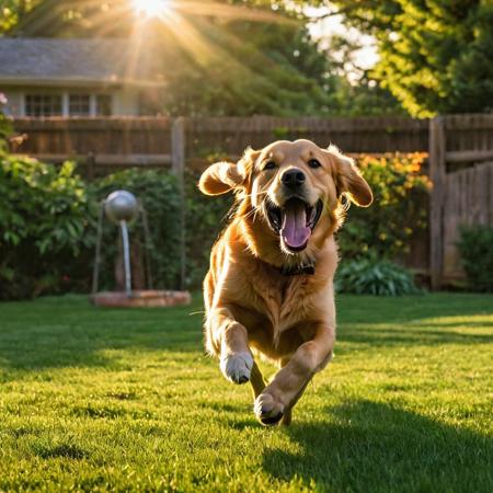 Retriever dog, 
mid-tumble over a well-worn football, 
tongue lolling out in a wide grin, 
evening golden light casting elongated shadows, 
playful scene unfolding in a lush, 
green backyard, 
focus on gleeful expression, 
fur texture detailed, 
dynamic motion blur emphasizing playfulness, 
shallow depth of field with bokeh effect in background, 
sun flare, 
digital painting, 
vibrant color palette, 
high resolution.