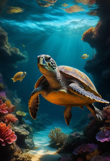 Create a ((wallpaper painting)) picture of one turtle underwater,  traditional finish, wallpaper style, vibrant beautiful colors, highly detailed, aesthetic, great lighting, extremely detailed,  award winning, perfect composition, a rich and complex image of nature, a vibrant tissue of hues and textures captured digitally, best quality, realistic, captivating, intricately detailed, hyper detailed, maximalist style, photorealist, sharp focus, dynamic lighting, superb composition, finest details, highest aesthetics, best quality, sharp focus, high contrast, stylized, clear, colorful, ultra quality, 8k, best quality, masterpiece,midjourneyv6.1, double exposure, g