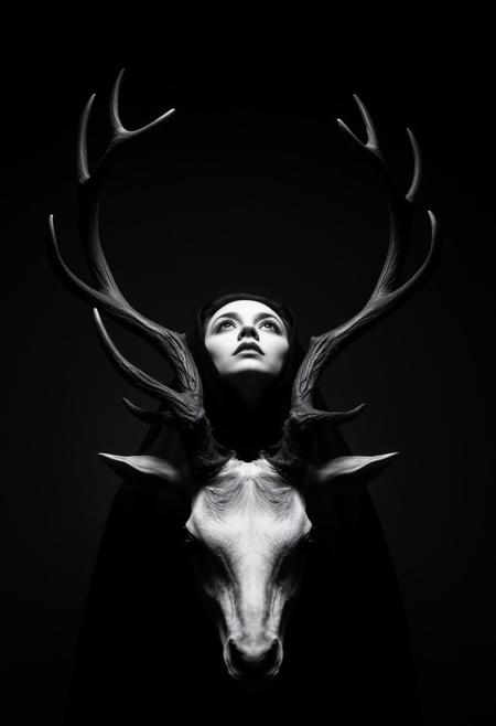 Anna Varney Cantodea, deer antlers, Sopor Aeternus and the Ensemble of Shadows, studio photography style, top hard light, black and white vintage photography, gothic, doom, mysterious, dark