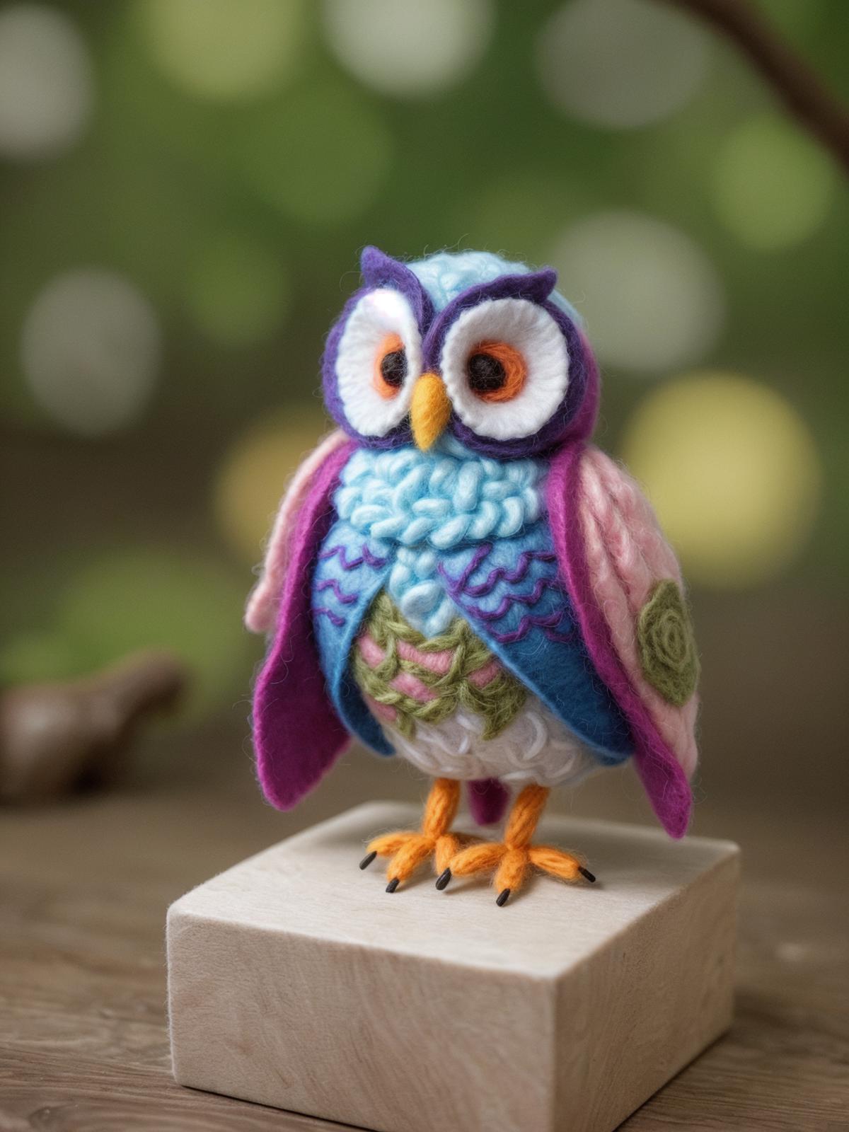 A small stuffed owl with purple wings and a white belly.