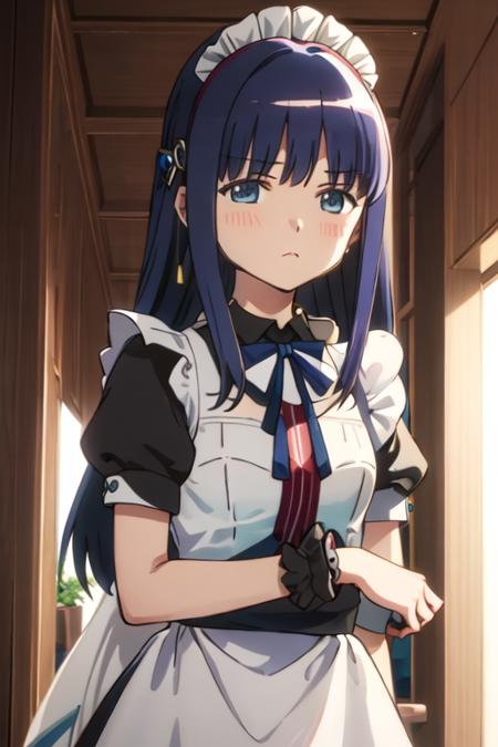 best quality, masterpiece, highres, solo, {maid:1.40}, {long maid dress:1.15}, {nanami_yachiyo_puellamagimadokamagicasidestorymagiarecord:1.15}, long_hair, blue_hair, blue_eyes, bangs, blush, blunt_bangs, magical_girl