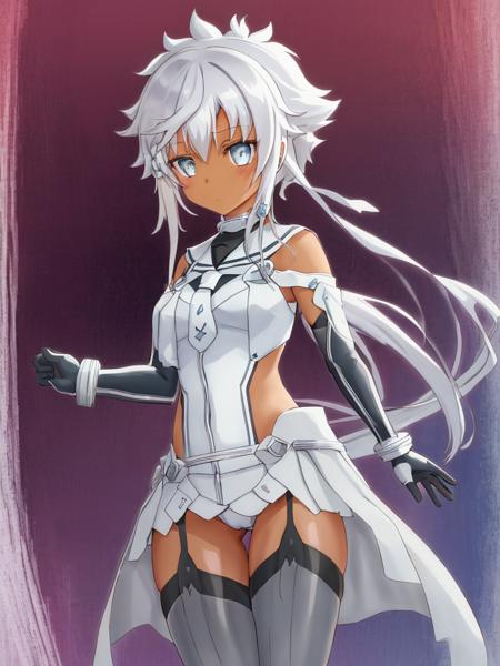 <lora:Kohagura_Natsume-10:0.8>,Kohagura_Natsume, 1girl, solo,short hair, blue eyes,hair ornament, thighhighs, gloves,bare shoulders,white hair, sidelocks, boots, elbow gloves, dark skin, leotard, dark-skinned female, thigh boots, short hair with long locks,