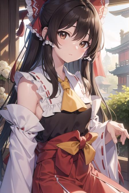 reimu hakurei, (brown eyes:1.5), brown hair, bow, hair bow, hair tubes, long hair, red bow, sidelocks, ascot, bare shoulders, black footwear, detached sleeves, embellished costume, frills, japanese clothes, nontraditional miko, red skirt, sandals, sarashi, skirt, socks, white sleeves, white socks, wide sleeves, yellow ascot, zouri,