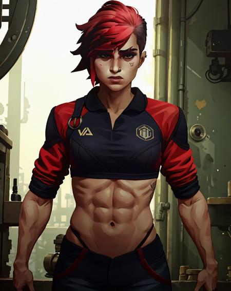 ((masterpiece)), ((best quality)) , v1l0l , 1girl,  <lora:Arcane-vi-v1.0:1>, slim ,  navel , sports attire,