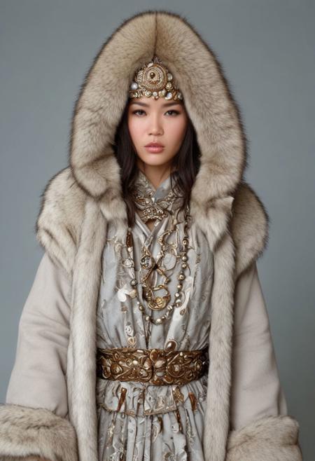 Eskimo girl, Ancient Empress costume, Beautiful girl, sensual, Eiko Ishioka fashion style, Alexander McQueen fashion style, neutral grey background