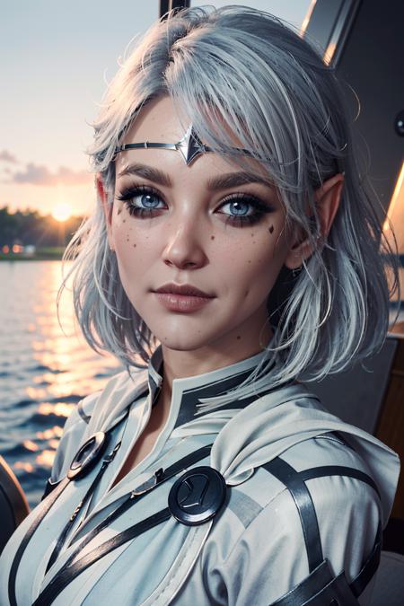 ( masterpiece, best quality, highres:1.3)
<lora:BGIsobel-000003:0.9>
BGIsobel, 1girl, solo, white hair, light blue eyes, pointy ears, black make up, luxury yacht, sunset, glamorous and magical with warm hues reflecting off calm waters ,  photorealistic, trending on pixiv, Artstation, DeviantArt google images, Cinematic lightning, 4k