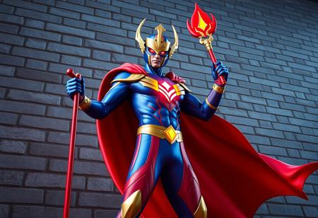 Elemental HERO Electrum superhero, vibrant blue/red suit, flowing red cape, gold emblem helmet, holding red staff, stands before a textured brick wall. Dynamic pose, creative low angle perspective, dramatic volumetric lighting, cinematic atmosphere. High-res 4K, Octane Render, Unreal Engine 5, beautiful matte painting, splash ink illustration. Lifelike details, sharp lines, stunning harmonious multi-colors, impeccable composition, golden ratio. CGSociety, trending on ArtstationHQ.