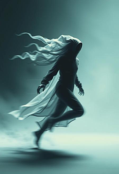 Dynamic, futuristic sci-fi style image of a creepy ghostly figure in motion.  Advanced technology and space elements are featured with blurred lines and action poses. Minimalist aesthetic with moody visuals, abstract forms, and negative space.