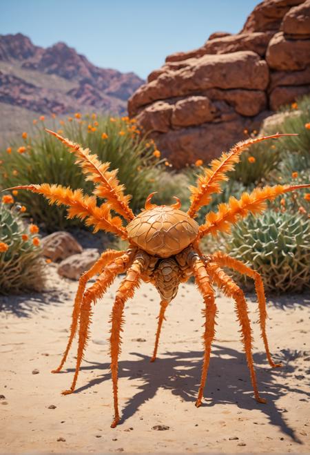 Furry, six-legged arachnid creature with segmented exoskeleton, Retractable claws, Soft, velvety fur in shades of saffron and amber, Oversized compound eyes, Ears shaped like delicate seashells, Ability to change color to blend with surroundings, Smooth, polished texture, Bright orange and golden hues, Delicate, lacy wings, Whispers secrets to the wind as it perches on a sun-kissed rocky outcropping in a desert oasis, Inhabits a mystical realm where sand dunes meet starry skies, Ancient magic coursing through its veins, Impressionist art style, Vibrant color palette, Warm sunlight casting long shadows, Aerial perspective showing the creature's tiny size, Background elements of towering cacti and fluttering prayer flags.